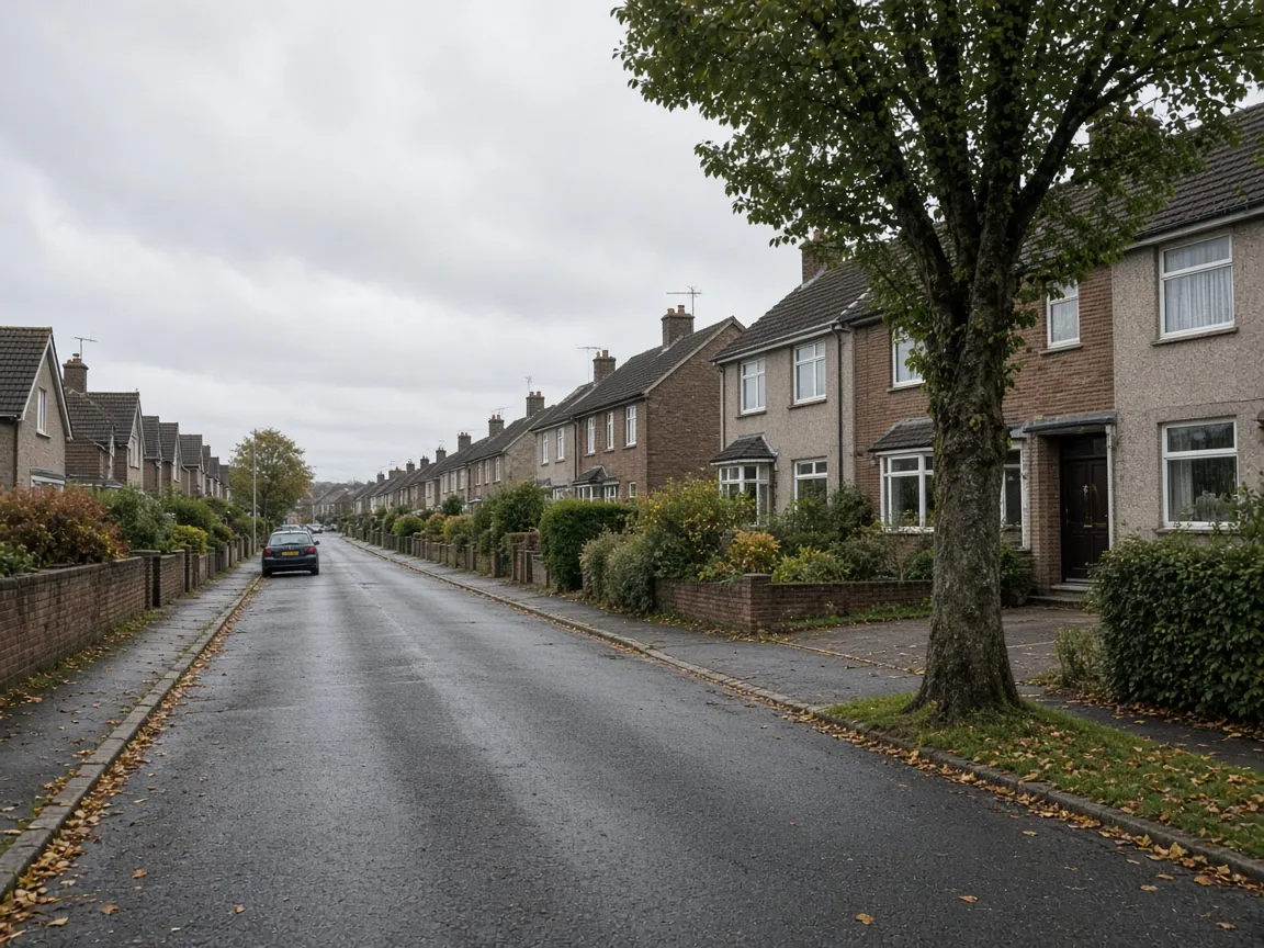 Later residential street under grey Scottish light in Perth, Scotland