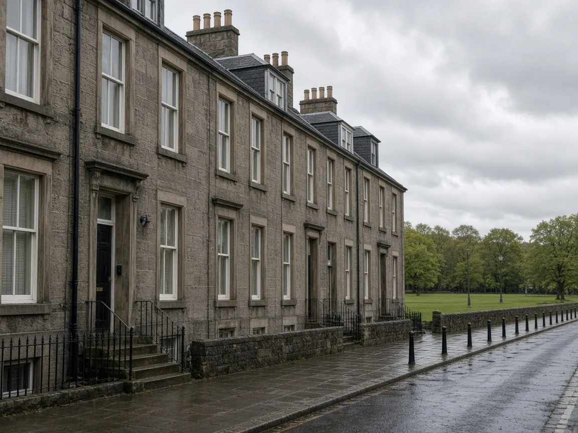 Traditional sandstone houses in Perth, Scotland under overcast light