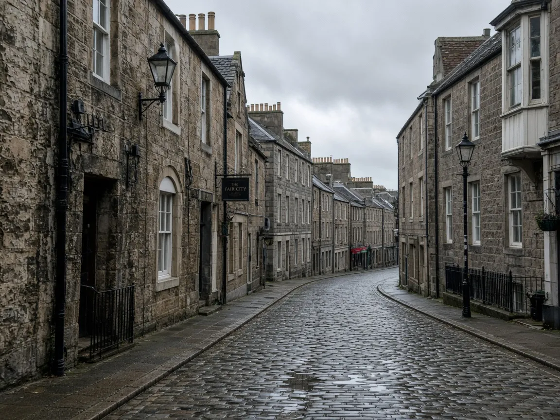 Wet stone street in the Fair City of Perth, Scotland after rain