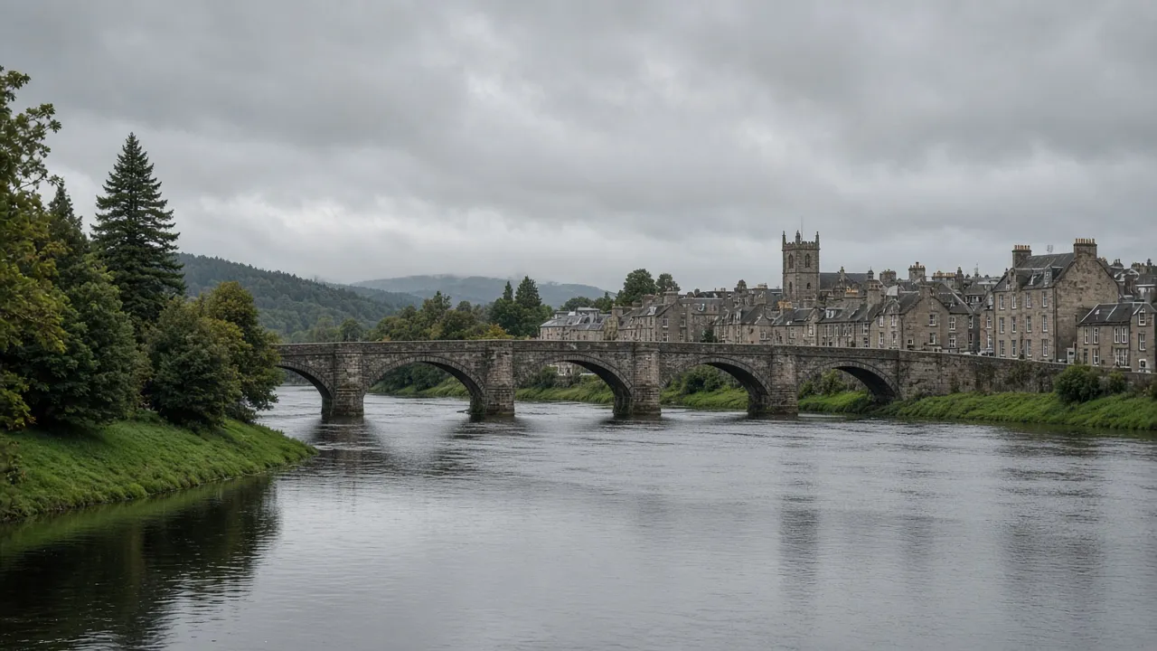 River Tay at Perth, Scotland with a stone bridge and the city beyond