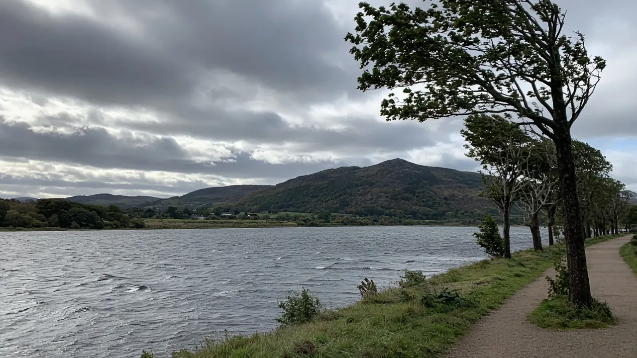 Windy day on the River Tay at Perth, Scotland under heavy clouds